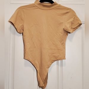 Womens Bodysuit Large Tan Beige Mock Neck Short Sleeve Size 10/12